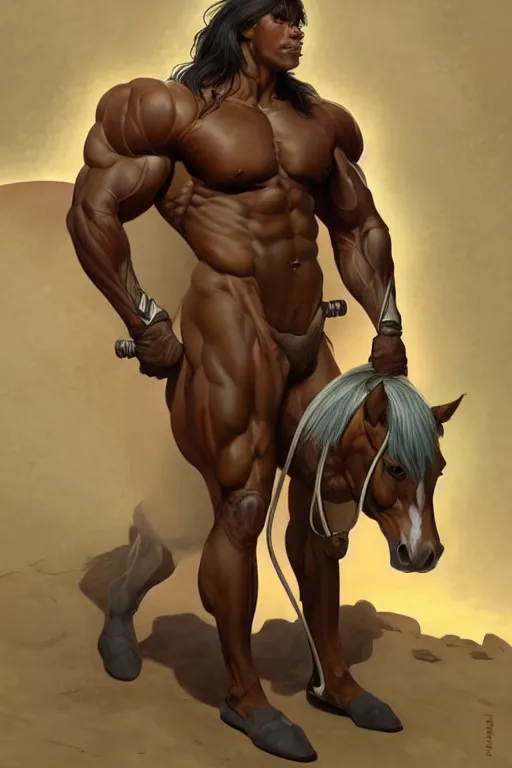 Prompt: an enormously muscular anthro horse male at a research facility donned in alternative clothes, furaffinity, highly detailed, digital painting, artstation, concept art, sharp smooth focus, illustration, art by artgerm and greg rutkowski and alphonse mucha