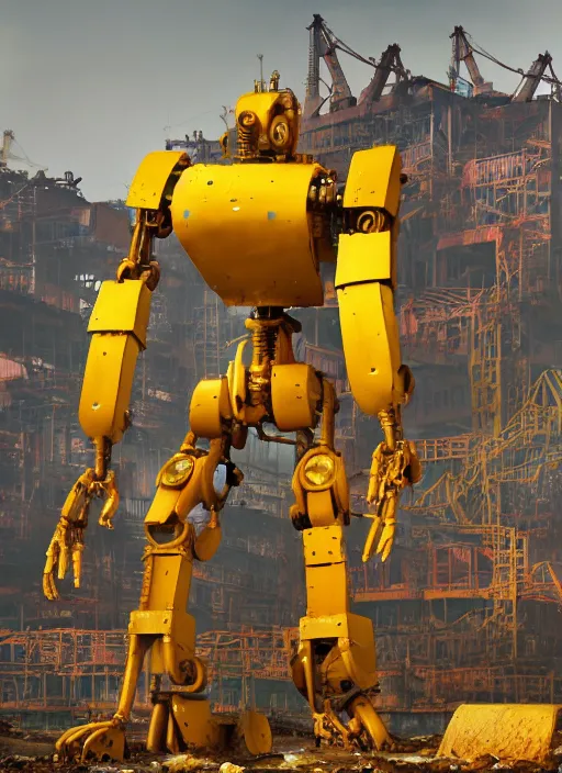 Image similar to a rusty old yellow colored big humanoid mech robot is helping out workers at chittagong ship breaking yard, matte painting, 8 k, artstation, octane, low camera angle, cinematic composition