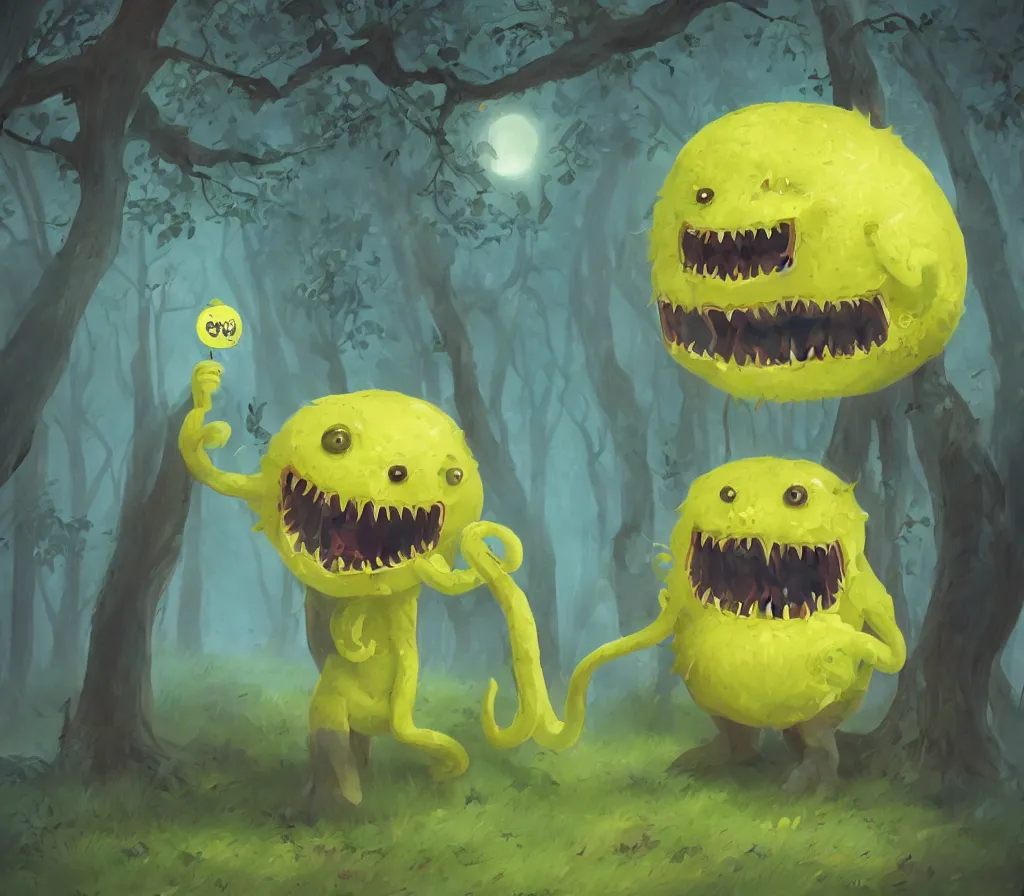 Image similar to a cute lemon monster with sharp teeth in a forest, heavenly, pastel, cute, dark, scary, eerie, trending on artstation, digital art.