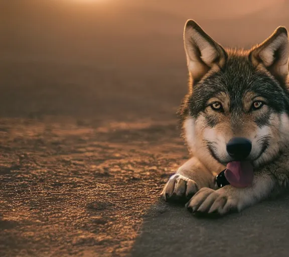 Image similar to photo of a wolf puppy, wearing cowboy clothes, in the desert, cinematic color grading, various poses, soft light, faded colors, well framed, sharp focus, 8 k