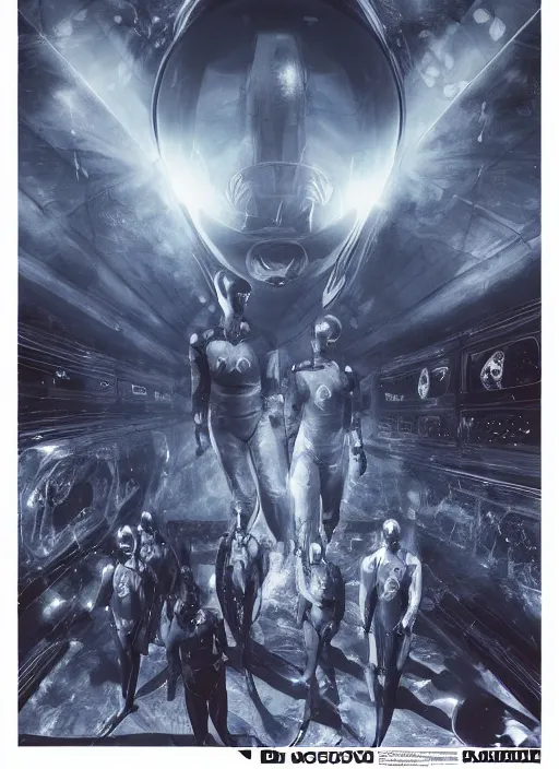 Image similar to astronauts in dark void underwater - complex and hyperdetailed technical suit design. reflection and dispersion materials. rays and dispersion of light. volumetric light. f / 3 2. noise film photo. flash photography. ultra realistic, 5 0 mm. poster by wayne barlowe, hajime sorayama aaron horkey, craig mullins