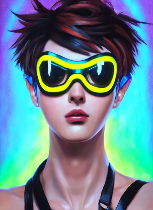 Image similar to realistic oil painting portrait of tracer overwatch, confident pose, wearing black iridescent rainbow latex, rainbow, neon, 4 k, expressive surprised expression, makeup, wearing detailed black leather collar, wearing sleek armor, studio lighting, black leather harness, expressive detailed face and eyes,