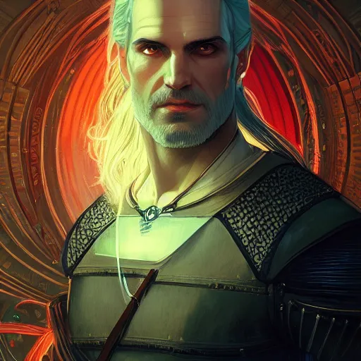 Image similar to symmetry!! portrait of the witcher, thunder, sci - fi, glowing lights!! intricate, elegant, highly detailed, digital painting, artstation, concept art, smooth, sharp focus, illustration, art by artgerm and greg rutkowski and alphonse mucha, 8 k