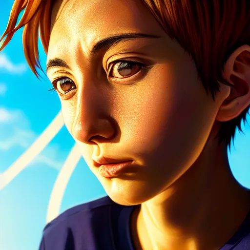 Image similar to intricate crisp portrait of sarah pavan as a character in the anime haikyuu!!, golden hour, close up shot, 8 k, art by irakli nadar, hyperrealism, hyperdetailed, ultra realistic