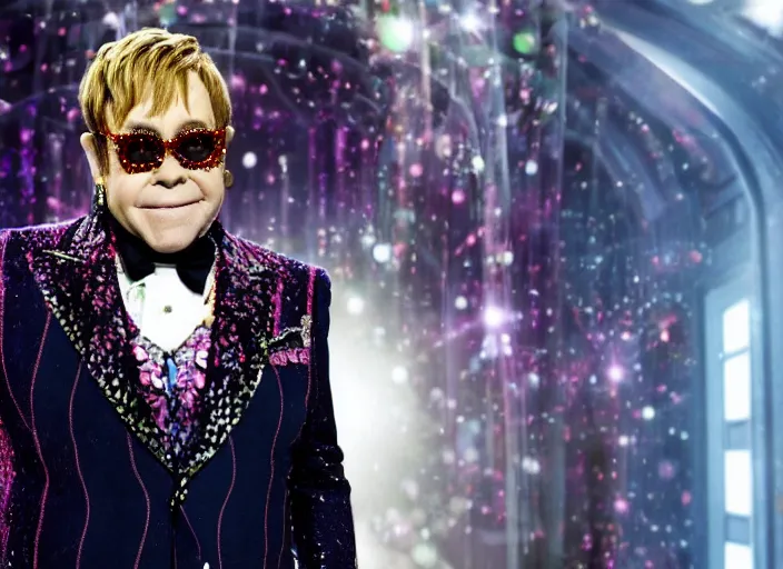 Prompt: a film still of elton john as the new doctor in doctor who