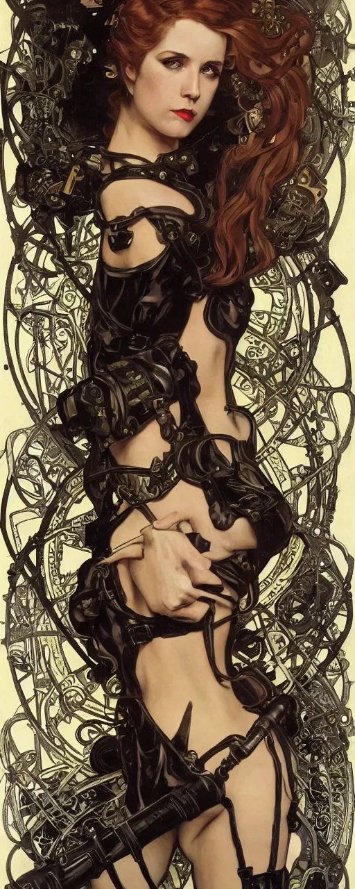 Image similar to striking sensual industrial art nouveau style portrait of kitty pryde as an ironpunk black metal rebel soldier by micgael kaluta, simon bisley and alphonse mucha, photorealism, extremely hyperdetailed, perfect symmetrical facial features, perfect anatomy, ornate declotage, weapon, latex, excited expression, wild eyes