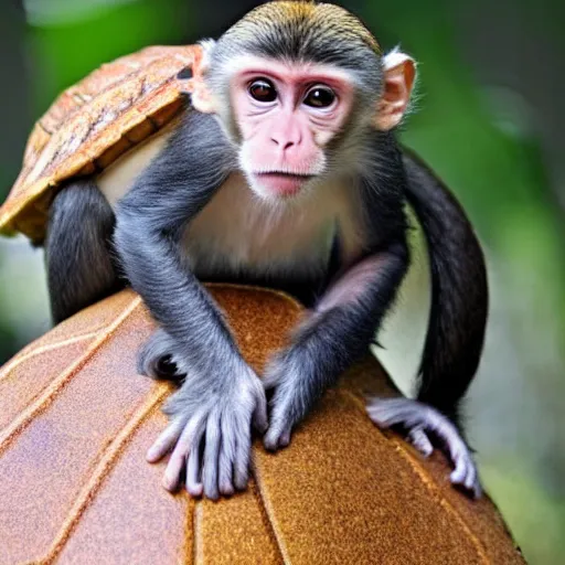 Image similar to a monkey sitting on the back of a turtle