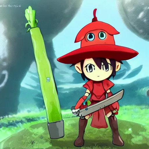 Prompt: cute robot with big tomato hat and a carrot sword, made in abyss style