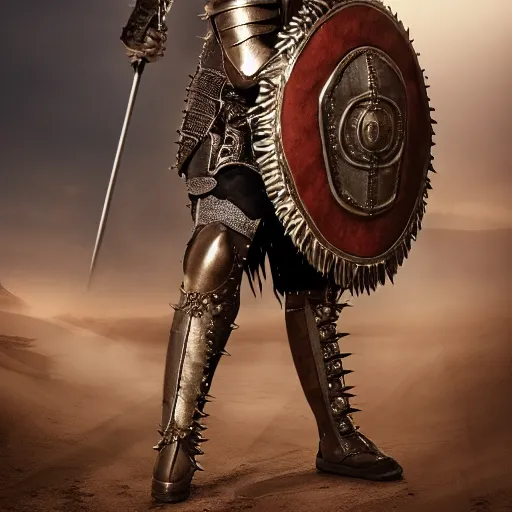 Image similar to full body photo of afemale warrior with spiky armour with a medieval flail, highly detailed, dramatic lighting, cinematic, 4k