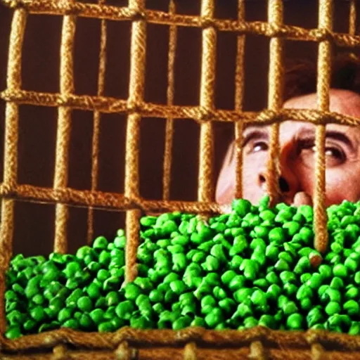 Image similar to nicolas cage trapped in a wicker cage being covered in peas, screaming, movie still, hdr