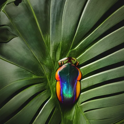 Image similar to an iridiscent scarab walking on top of a monstera leaf, 35mm, f1.8, realistic