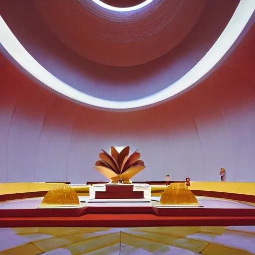 Prompt: central altar in the interior of a futuristic lotus temple with gold, red and white marble panels, in the desert, by buckminster fuller and syd mead, intricate contemporary architecture, photo journalism, photography, cinematic, national geographic photoshoot