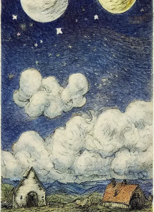 Image similar to night sky, stars, moon prominently in the center, surrounded by clouds, landscape, illustrated by peggy fortnum and beatrix potter and sir john tenniel