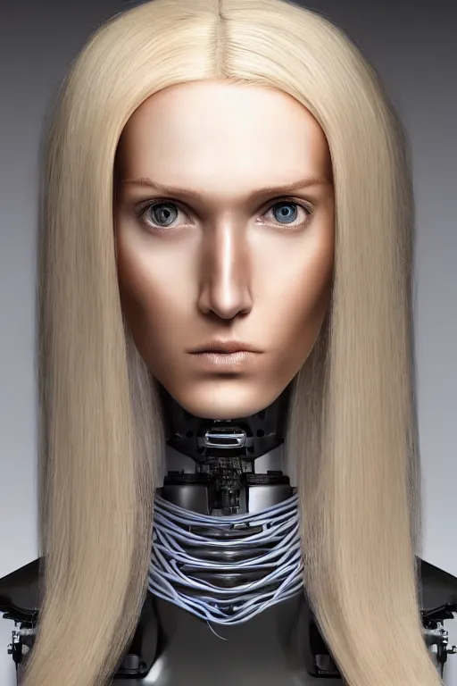 Image similar to robot with human face, female head, full body angle, woman human face, human face realistic, beautiful blonde hair, human head, human head with blonde hair, blonde hair human head, blonde hair, human realistic face, human head skin, cyborg frame concept, cyborg by ales-kotnik, sci-fi android female, the body is made of wires, robotic body, cyborg body, cyborg bust body, robot body cyborg, full body