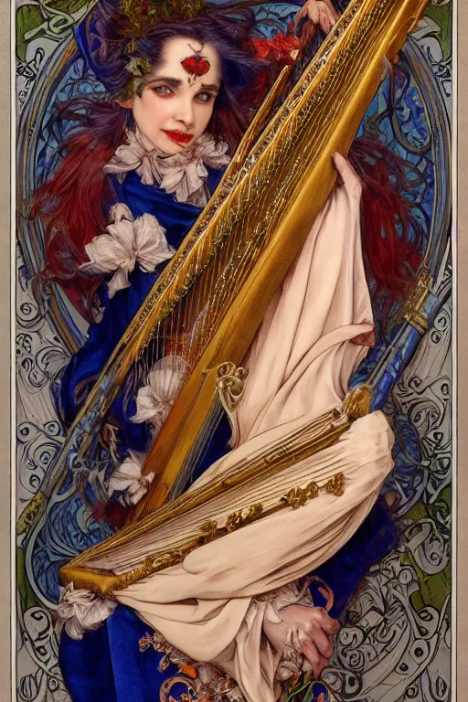 Image similar to a jester playing the harp, detailed full body portrait by james gurney and artgerm and Mucha, amazing detail, intricate, stunning inking lines, 4K, character design, concept art
