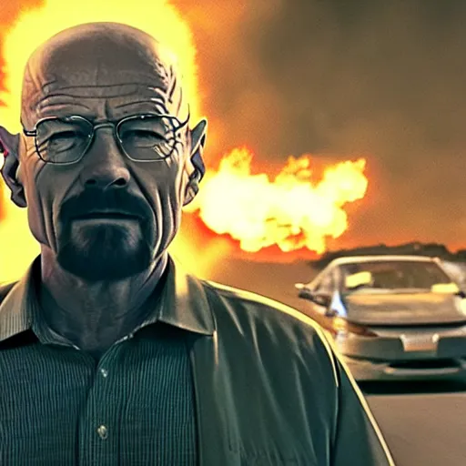 Prompt: photo of walter white riding a bike with an exploding car behind him, color, cinematic lighting