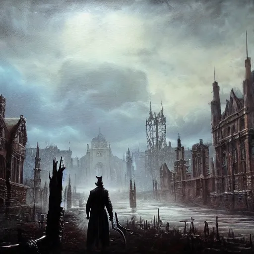 Prompt: bloodborne, beautiful extremely detailed landscape oil on canvas painting in the style of 1 9 th century hudson river school of art