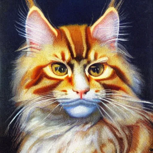 Image similar to soviet painting of ginger maine coon by isaak brodsky, walter womacka, czeslaw znamierowski, vladimir pchelin, kuzma petrov - vodkin, igor berezovsky