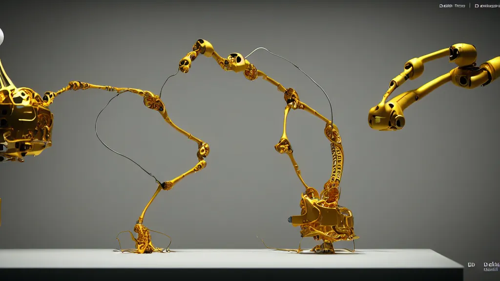 Image similar to a complex bifurcated robotic cnc surgical arm hybrid 3 d printer machine making organic ceramic kintsugi mandlebulb forms in the laboratory room, very thin gold wire, film still from the movie directed by denis villeneuve with art direction by salvador dali, wide lens, f 3 2, cinematic lighting, studio quality, smooth render, unreal engine 5 rendered, octane rendered