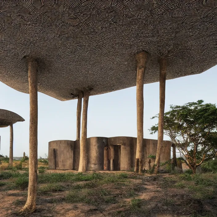 Prompt: a building in a serene landscape, africanfuturism