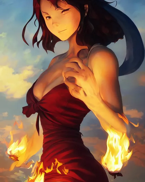 Prompt: the goddess of fire, spunk and intense beauty, full shot, atmospheric lighting, detailed face, one piece style, by makoto shinkai, stanley artgerm lau, wlop, rossdraws