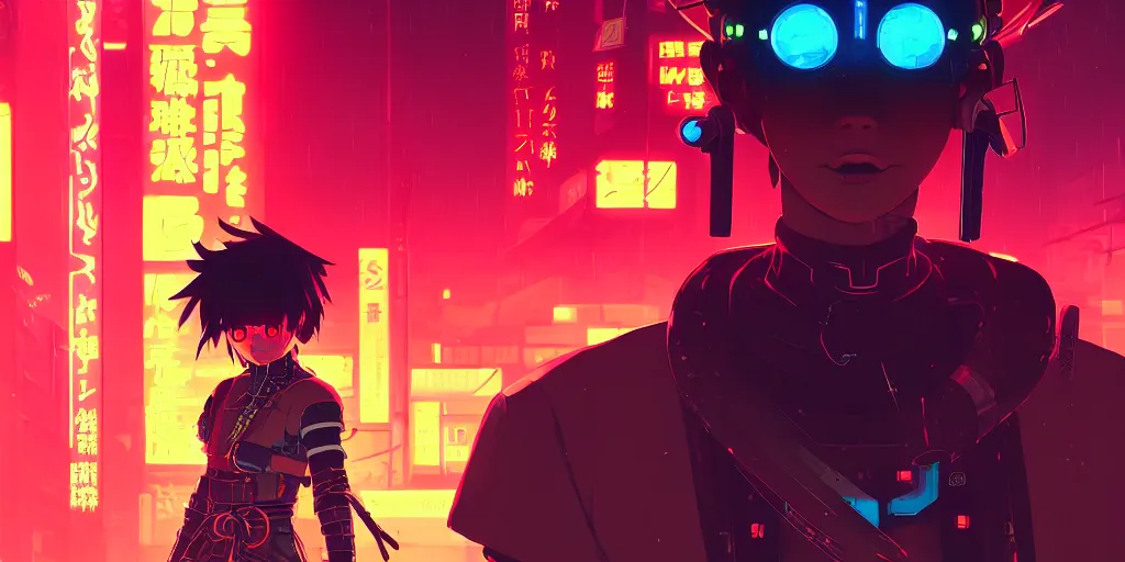 Image similar to digital illustration closeup of cyberpunk samurai in city street at night by makoto shinkai, ilya kuvshinov, lois van baarle, rossdraws, basquiat | afrofuturism, in the style of hearthstone, trending on artstation | cool color scheme