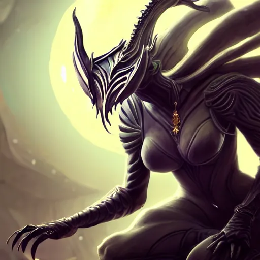 Image similar to highly detailed exquisite fanart, of a beautiful female warframe, but as an anthropomorphic dragon, elegant pose of her giggling with her hand over her mouth, sitting on top of an orokin cryopod, full body and head shot, epic cinematic shot, sharp claws, professional digital art, DeviantArt, high quality artstation, Furaffinity, HD render