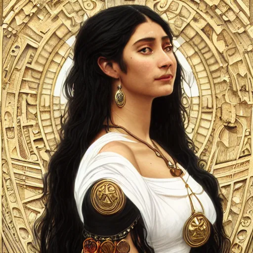 Prompt: portrait of a proud aztec moon goddess, with white skin, black dress, intricate, elegant, highly detailed, digital painting, artstation, concept art, smooth, sharp focus, illustration, art by artgerm and greg rutkowski and alphonse mucha and william - adolphe bouguereau