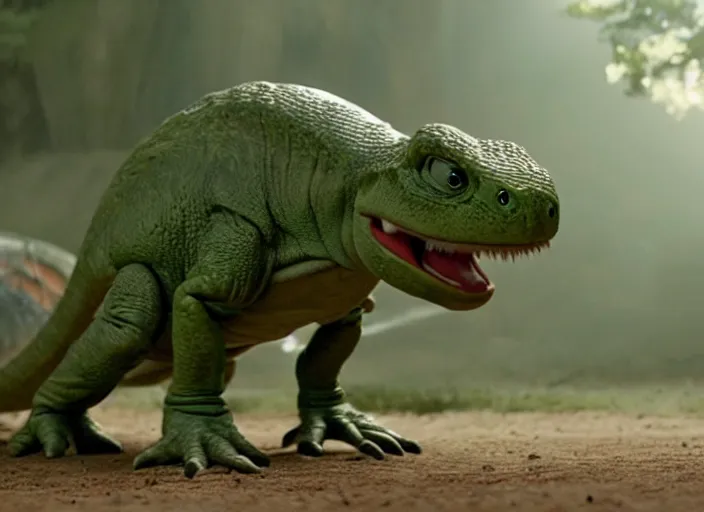 Image similar to film still of yoshi in the new sci - fi movie, cute upright standing upright upright dinosaur standing on its hind legs with a small red turtle shell and sticking out a long sticky tongue, 8 k