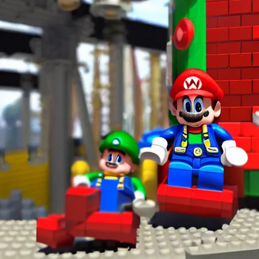 Prompt: a photo of realistic plumber mario in a roller coaster, lego mini figures