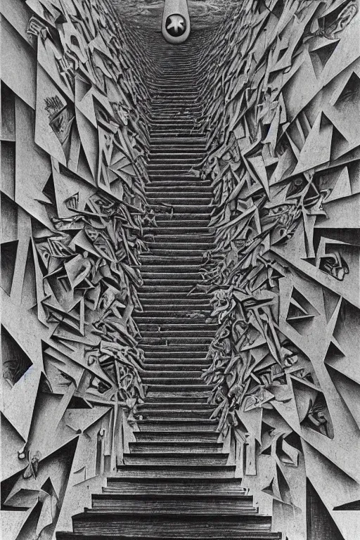 Image similar to stairs to nowhere nihilist discordian surreal collage made of by mc escher, walt disney, hr giger and beksinski. 8 k resolution. william s burroughs