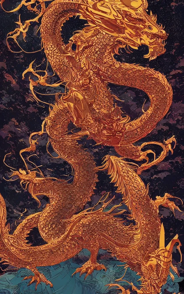 Image similar to the golden dragon ， by victo ngai, andreas rocha, john harris and feng zhu and loish and laurie greasley,