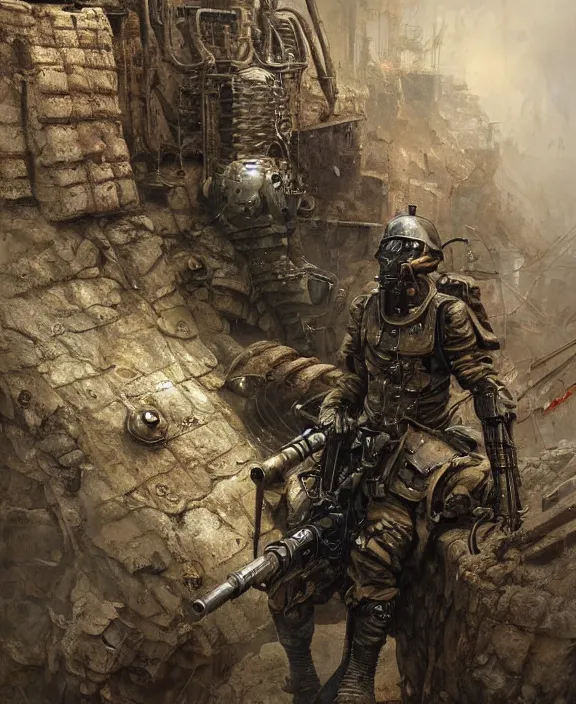 Image similar to a soldier in steampunk armour taking cover from artillery bombardment in a gritty trench, by HR Giger and Beksiński and Stephan Martiniere , 4k resolution, detailed, trending on artstation