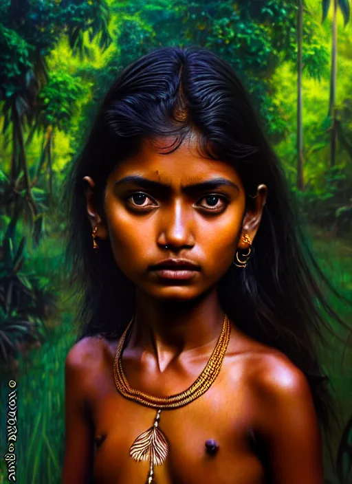 Image similar to photo of a sri lankan jungle girl in the style of stefan kostic, realistic, full body shot, sharp focus, 8 k high definition, insanely detailed, intricate, elegant, art by stanley lau and artgerm, dark, gloomy street background