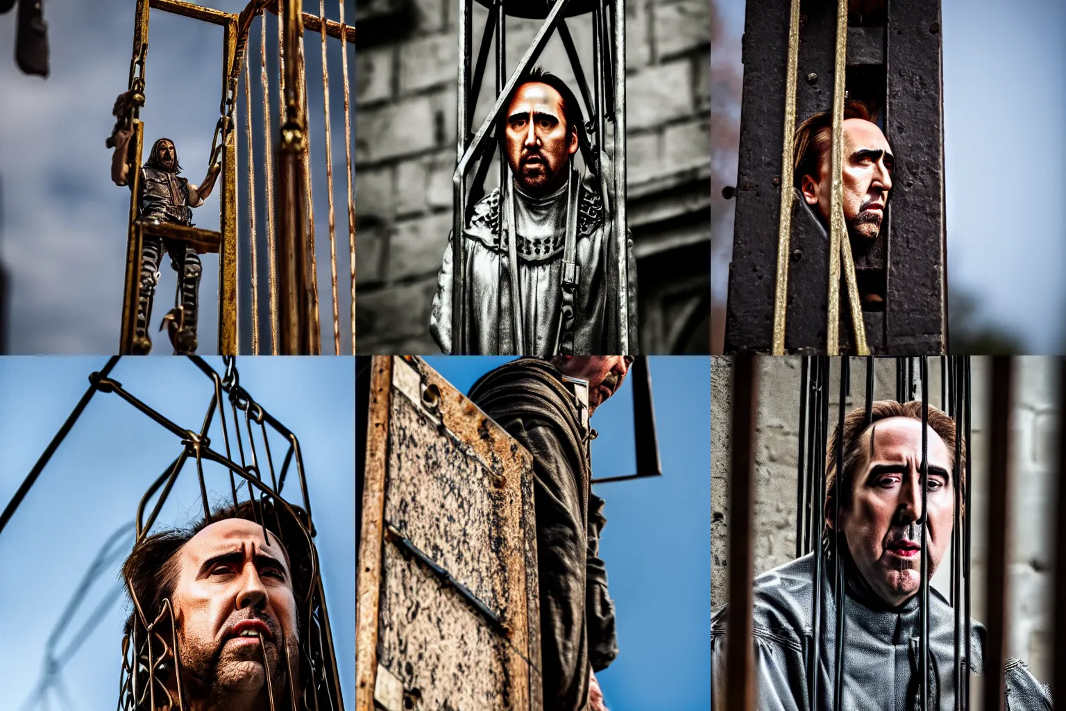 Prompt: Nicholas Cage imprisoned in a medieval gibbet of metal XF IQ4, f/1.4, ISO 200, 1/160s, 8K, in-frame
