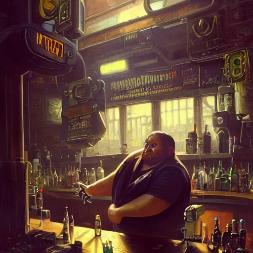 Image similar to portrait of an overweight cyberpunk barkeeper, robotic arms, ratz, neuromancer, bar background, painted by greg rutkowski, painted by igor kieryluk, high detail, dramatic light, digital art, trending on artstation