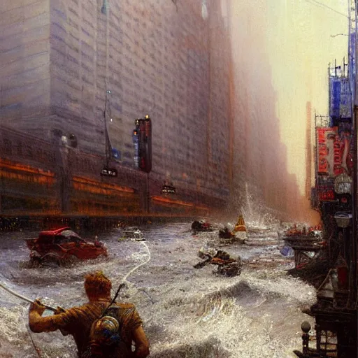 Image similar to the sea flooding the entire city of modern new york. you can see the water entering buildings highly detailed painting by gaston bussiere, craig mullins, j. c. leyendecker