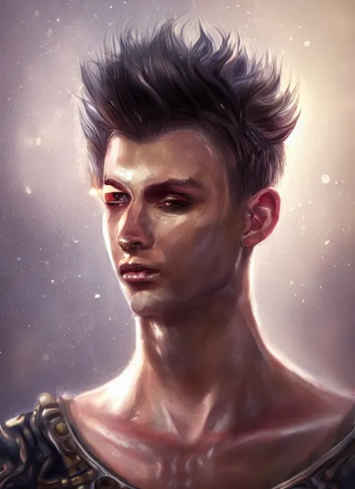 Prompt: a higly detailed airbrush full body shot and face portrait painting of a fantasy male character, fantasy portrait, pinterest, pathfinder, dynamic lighting, ambient lighting, deviantart, art by sabbas apterus