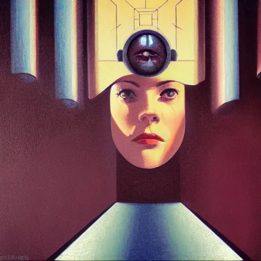 Image similar to detailed face of a woman, clockwork, moment, tectonic sky, skydome, bullet train, turbines, utopian, tech noir, wet reflections, prism, atmospheric, ambient, pj crook, syd mead, livia prima, greg rutkowski, edward hopper