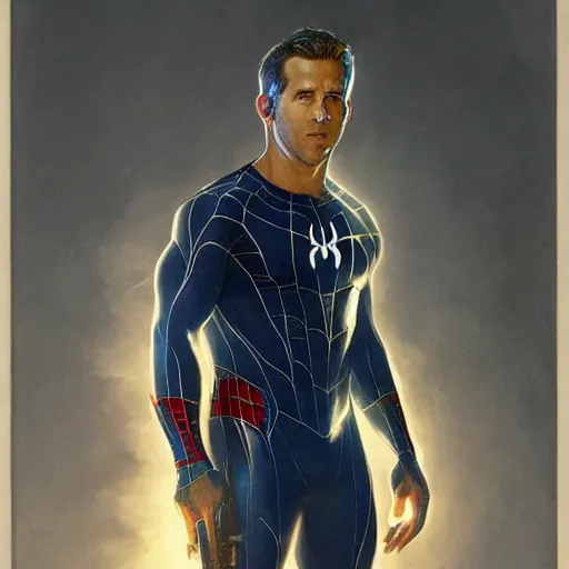 Image similar to ryan reynolds as a black and blue suit spider - man, cinematic, volumetric lighting, f 8 aperture, cinematic eastman 5 3 8 4 film, photorealistic by greg rutkowski, by stanley artgerm, by alphonse mucha