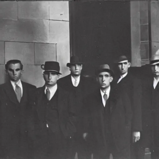 Prompt: 1930s photograph of a new-york mafia gang, staring straight at the camera, film grain, slightly blurry, highly realistic, ominous, dramatic lighting, confident poses