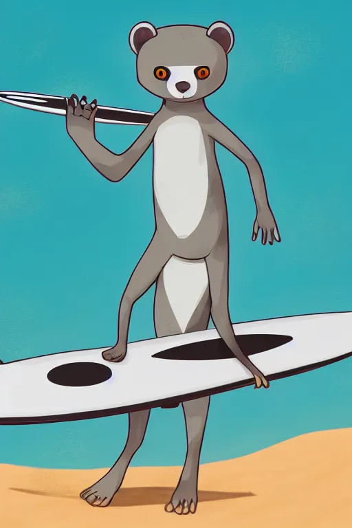 Prompt: a cute male gray turquoise white orange otter fursona wearing a black wetsuit and holding a surfboard on a beach, fantasy, paws on the sand, 8 k resolution, hyper detailed, character design, illustration, trending on artstation