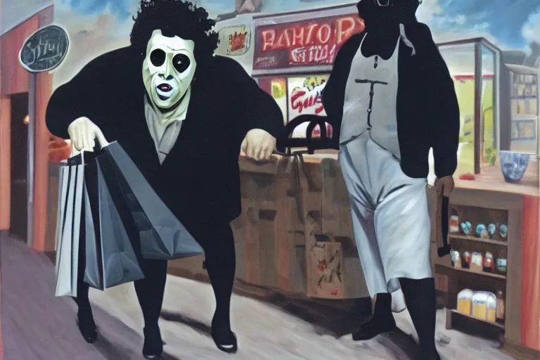 Image similar to black velvet painting of leatherface shopping at a grocery store