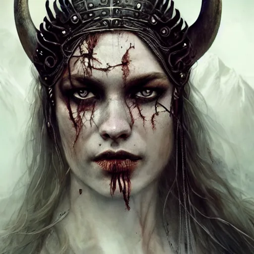 Image similar to Official photo of an attractive majestic fierce viking woman, leader, mind-blowing details, ethereal, fear, scarred, highly detailed, viking attire, cinematic, 16k, 1080s, smooth, sharp focus, by Stanley Artgermm, Tom Bagshaw, Greg Rutkowski, Vincent di Fate, Carne Griffiths, Ayami Kojima, WLOP, trending on DeviantArt, hyper detailed, full of color, digital art,