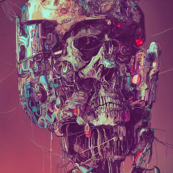 Prompt: a beautiful painting of a cyberpunk skull by james jean and pascal blanche and julian calle and nekro. in style of colorful comic noir illustration, symmetry, sci fi, hyper detailed. octane render. trending on artstation