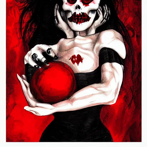 Prompt: Female death holding a red and black skull in one hand up to her face like hamlet, kodachrome, high contrast, highly detailed, sharp focus, digital painting, concept art, illustration, trending on artstation,