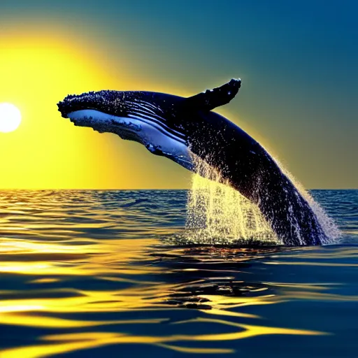 Prompt: whale floating in the air instead of airplanes while the sea raises and some drops flow in the sky, fishes jumping out of water while the sun is seen nicely, ultra realistic, 4k