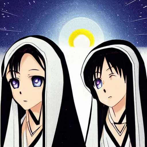 Prompt: two identical beautiful female nuns at night, beautiful anime art