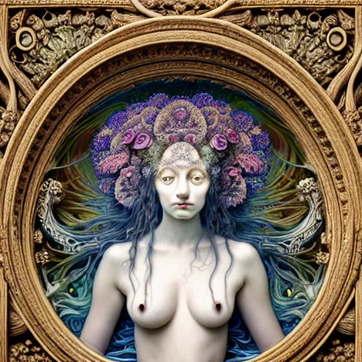 Prompt: detailed realistic beautiful porcelain calaveras goddess portrait by jean delville, gustave dore, iris van herpen and marco mazzoni, art forms of nature by ernst haeckel, art nouveau, symbolist, visionary, gothic, neo - gothic, pre - raphaelite, fractal lace, intricate alien botanical biodiversity, surreality, hyperdetailed ultrasharp octane render
