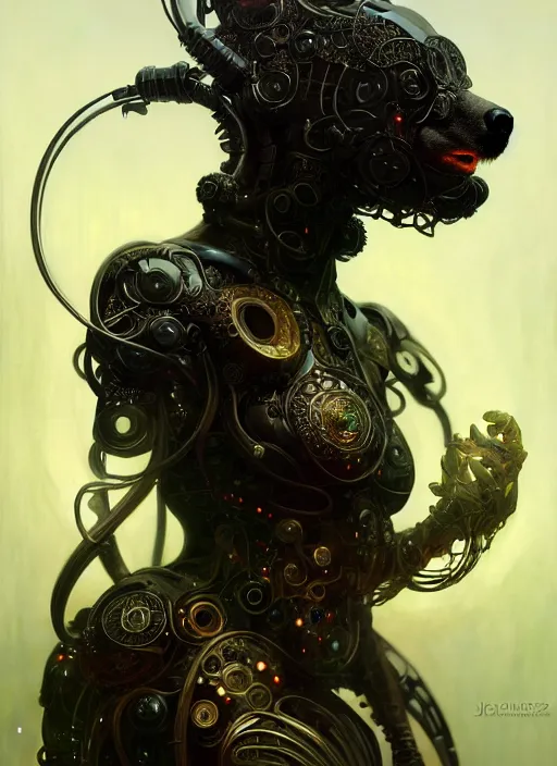 Image similar to organic cyborg, anthropomorphic asian black bear, diffuse lighting, fantasy, intricate, elegant, highly detailed, lifelike, photorealistic, digital painting, artstation, illustration, concept art, smooth, sharp focus, art by John Collier and Albert Aublet and Krenz Cushart and Artem Demura and Alphonse Mucha